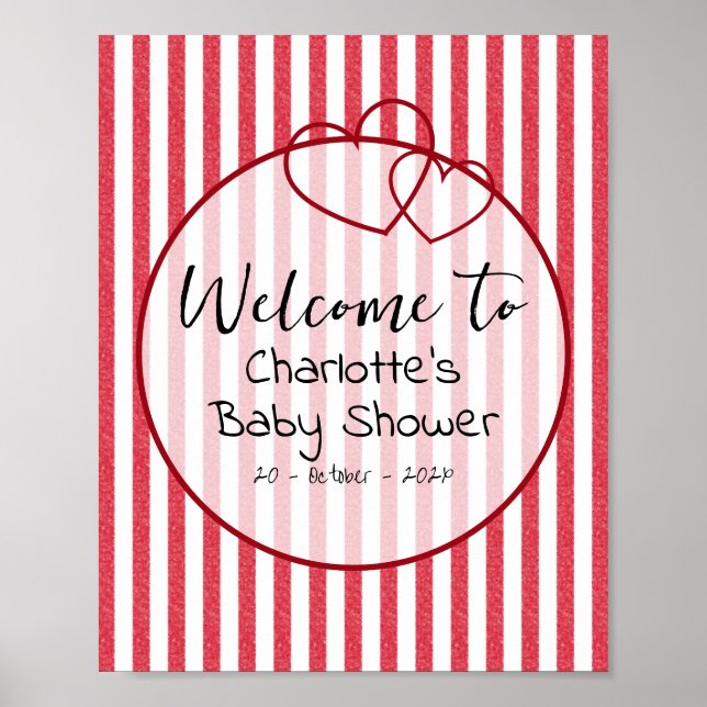 Modern Red Chalk Stripes Double Hearts Baby Shower Poster (Framsidan)