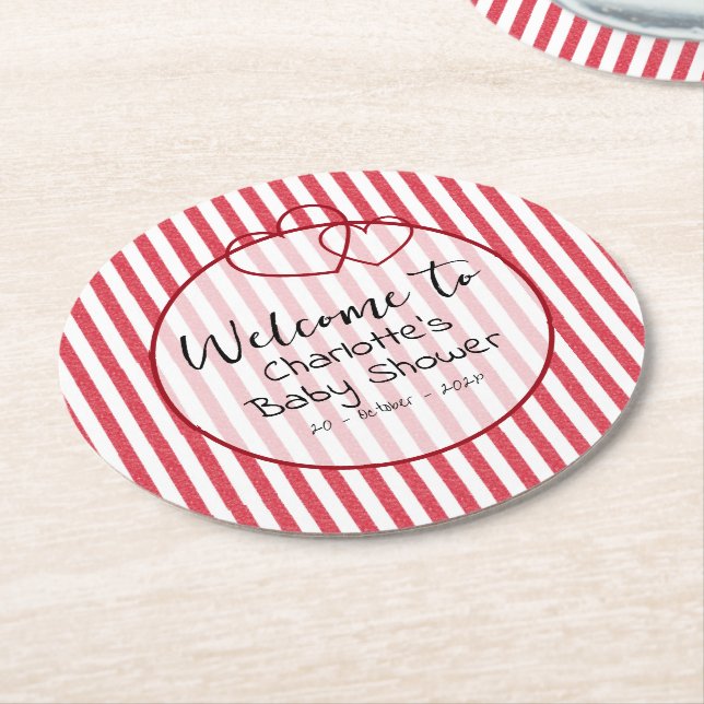 Modern Red Chalk Stripes Double Hearts Baby Shower Underlägg Papper Rund (Vinklad)