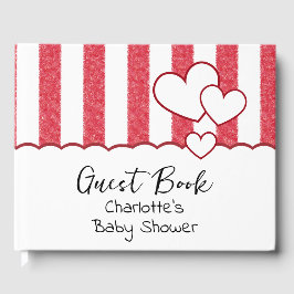 Modern Red Chalk Stripes Triple Hearts Baby Shower Gästböcker