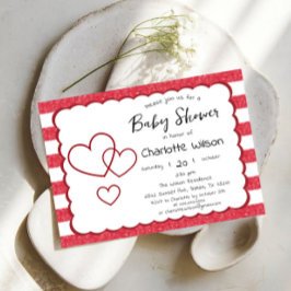 Modern Red Chalk Stripes Triple Hearts Baby Shower Inbjudningar