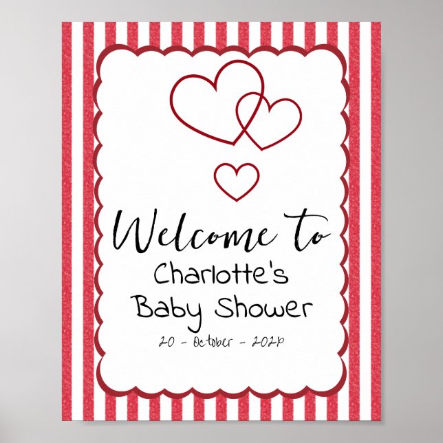 Modern Red Chalk Stripes Triple Hearts Baby Shower Poster (Framsidan)