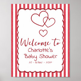 Modern Red Chalk Stripes Triple Hearts Baby Shower Poster