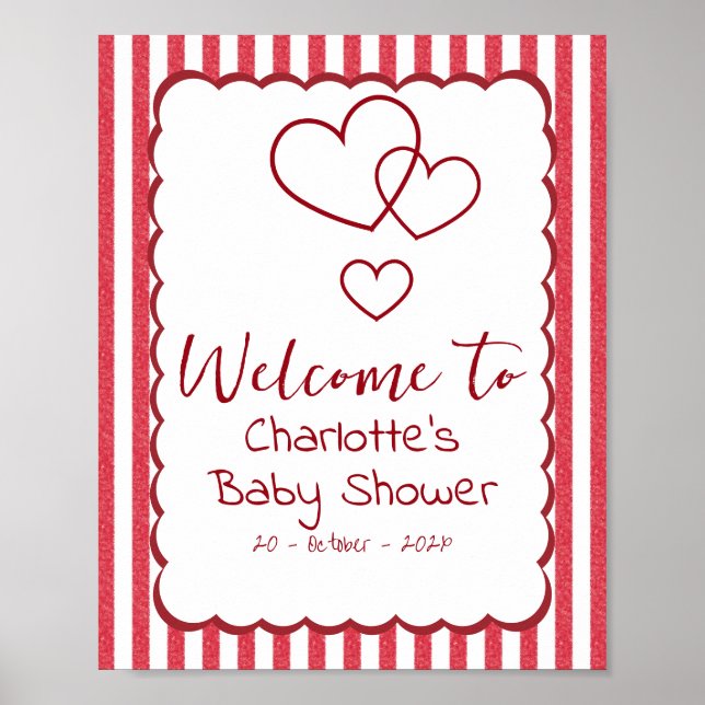 Modern Red Chalk Stripes Triple Hearts Baby Shower Poster (Framsidan)