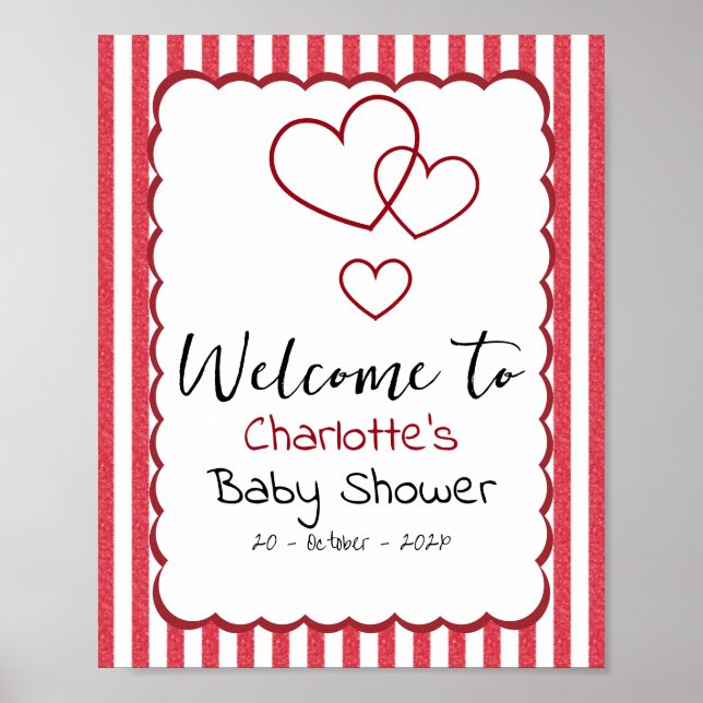 Modern Red Chalk Stripes Triple Hearts Baby Shower Poster (Framsidan)