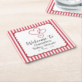 Modern Red Chalk Stripes Triple Hearts Baby Shower Underlägg Papper Kvadrat