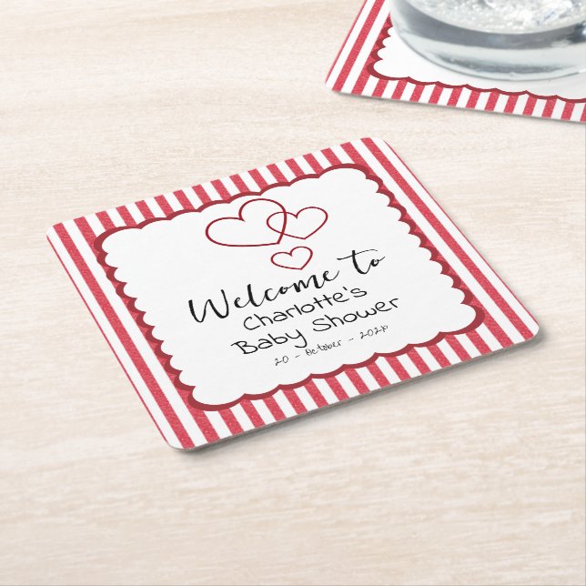 Modern Red Chalk Stripes Triple Hearts Baby Shower Underlägg Papper Kvadrat (Vinklad)