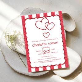 Modern Red Chalk Stripes Vertical Baby Shower Inbjudningar