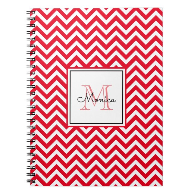 Modern Red Chevron Mönster med monogram bärbar dat Anteckningsbok (Framsidan)