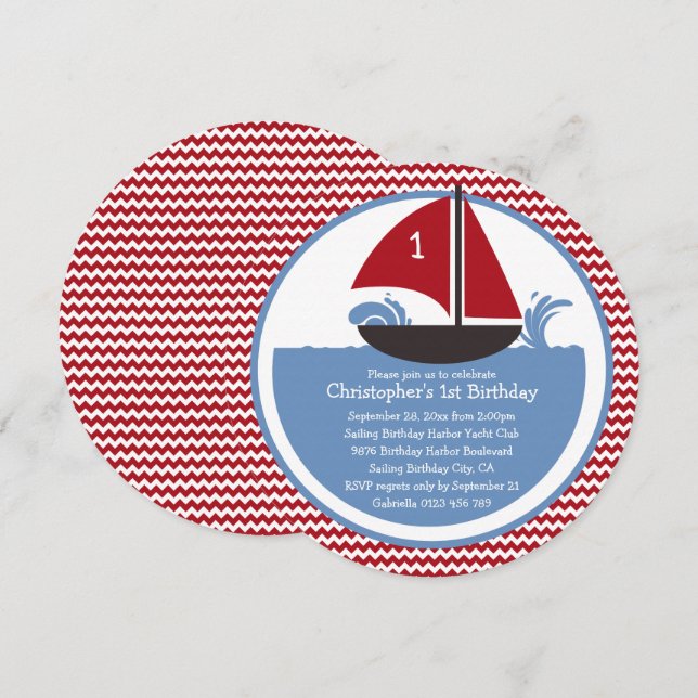 Modern Red Chevron Nautical 1st Birthday Party Inbjudningar (Fram/baksida)