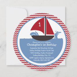 Modern Red Chevron Nautical 1st Birthday Party Inbjudningar