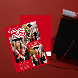Modern Red Class of 2026 3-Photo Graduation Invite Inbjudningar