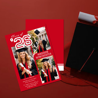 Modern Red Class of 2026 3-Photo Graduation Invite Inbjudningar