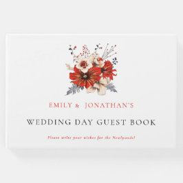 Modern Red Cream Blommigts Foliage Bröllopsdag Gästböcker