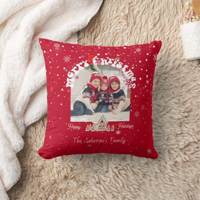 Modern Red Curved Graffiti Merry Christmas Photos  Kudde (Filt)