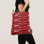 Modern Red Customized Name Collage Tygkasse<br><div class="desc">A modern personalized red allover tote bag gift for decorated in nine different fonts spelling your name in white typography. Cool customizable present for with fun cursive script.</div>