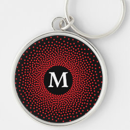 Modern Red Dot Mönster med MONOGRAM Keychain Rund Silverfärgad Nyckelring