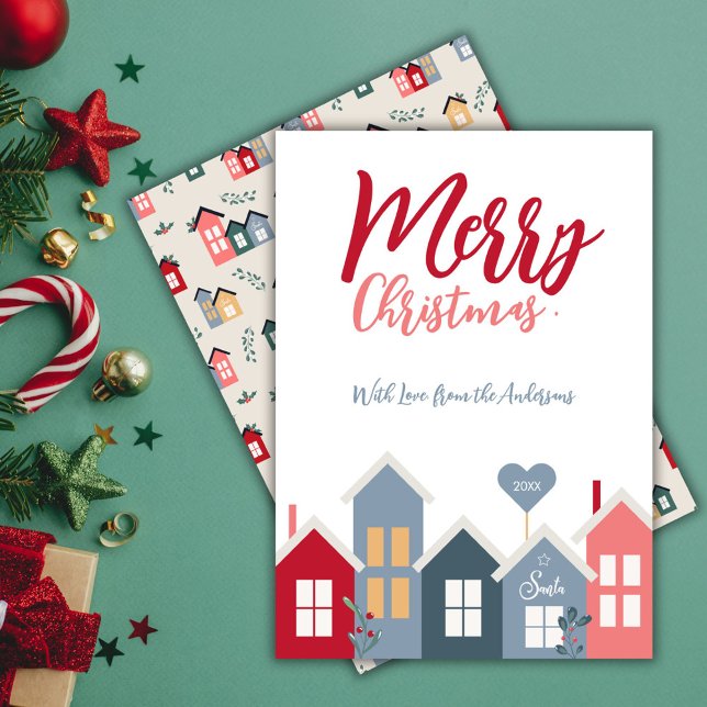 Modern Red Dusty Blue Santa Village Merry Christma Julkort (Merry Christmas Santa Houses Red Green Pattern Holiday Card)