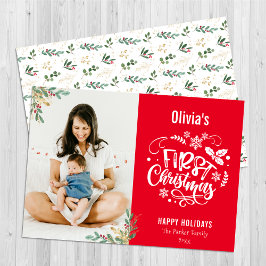Modern Red Elegant Script Baby Första jul Julkort