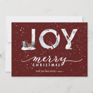 Modern Red Elegant Script JOY Winter Snö Scene Julkort