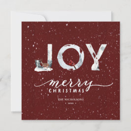Modern Red Elegant Script JOY Winter Snö Scene Julkort
