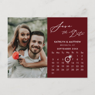 Modern Red Elegant Script Photo Save Date Meddelande Vykort