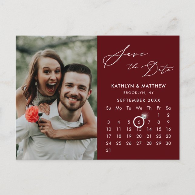 Modern Red Elegant Script Photo Save Date Meddelande Vykort (Framsida)