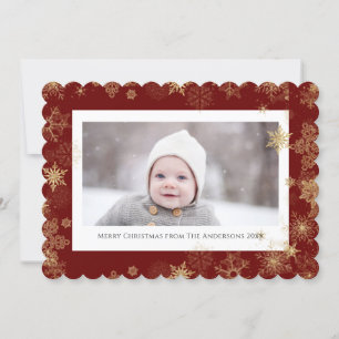 Modern Red Elegant Script Snöflingor Bokeh Overlay Julkort