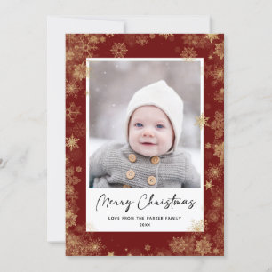 Modern Red Elegant Script Snöflingor Bokeh Overlay Julkort