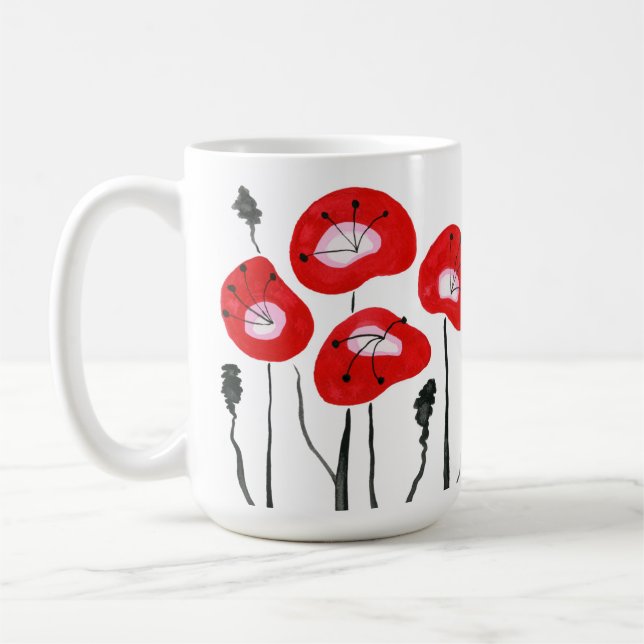 Modern Red Fält i Poppies Abstrakt Blommigt Gift Kaffemugg (Vänster)