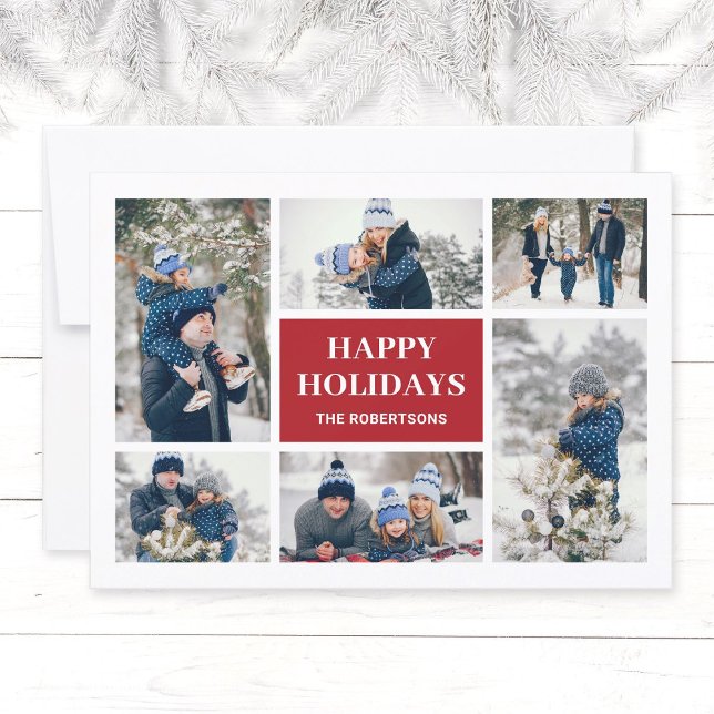 Modern Red Family 8, julkort för fotokollage (Modern, elegant family in winter photo collage Christmas greeting card in red, Happy Holidays.)
