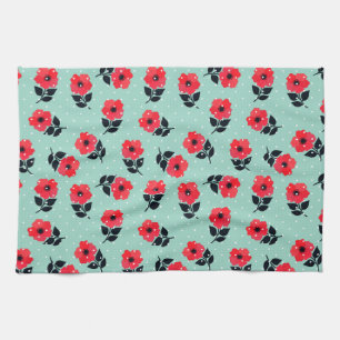 Modern Red Flowers Aqua Blue Polka dots Kökshandduk
