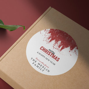 Modern Red Forest Träd God jul Runt Klistermärke