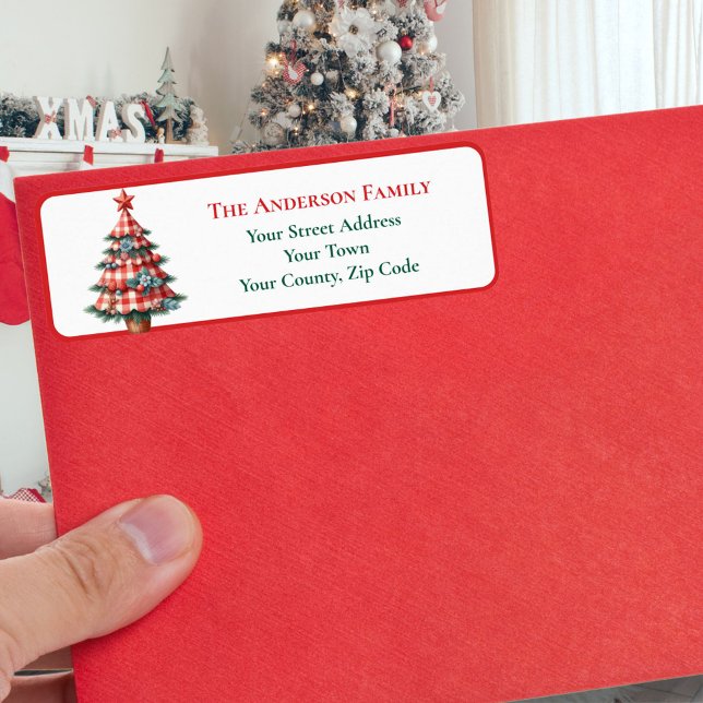 Modern Red Gingham Julgran Ornaments Namn Returadress Etikett (Skapare uppladdad)