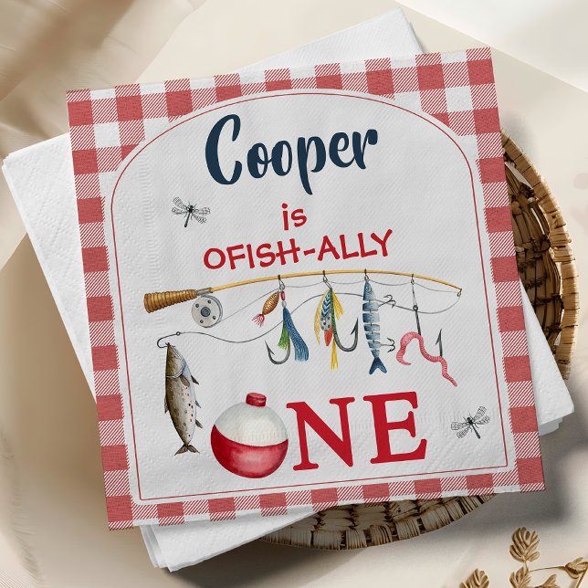 Modern Red Gingham Ofishally One 1st Birthday  Pappersservett (Fishing themed O-fish-ally 1st birthday party Napkins,
Ofish-ally One 1st Birthday Paper Napkin,)