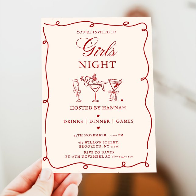 Modern Red Girls Night Dinner Party  Invitation Inbjudningar (Skapare uppladdad)