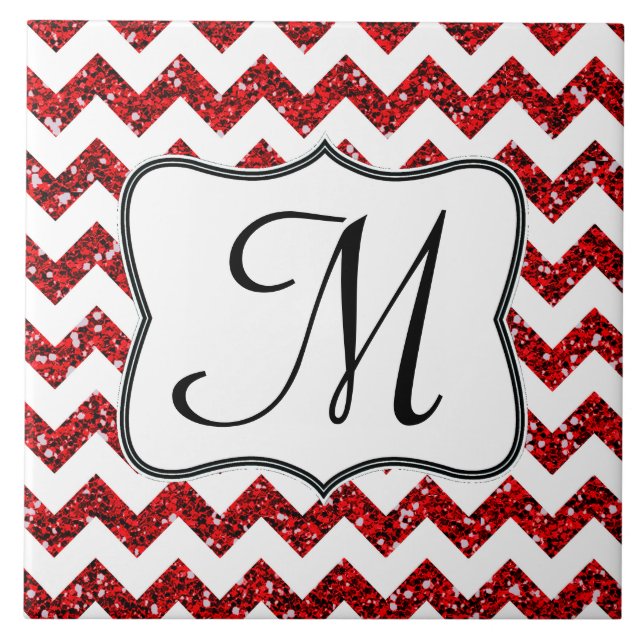 Modern Red Glitter Chevron Monogram Visning Tile Kakelplatta (Framsidan)