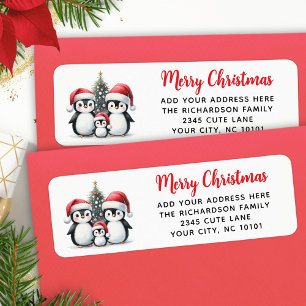 Modern Red God jul Cute Penguins familj Returadress Etikett