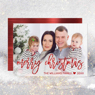 Modern Red God jul Glitter Script Photo Julkort