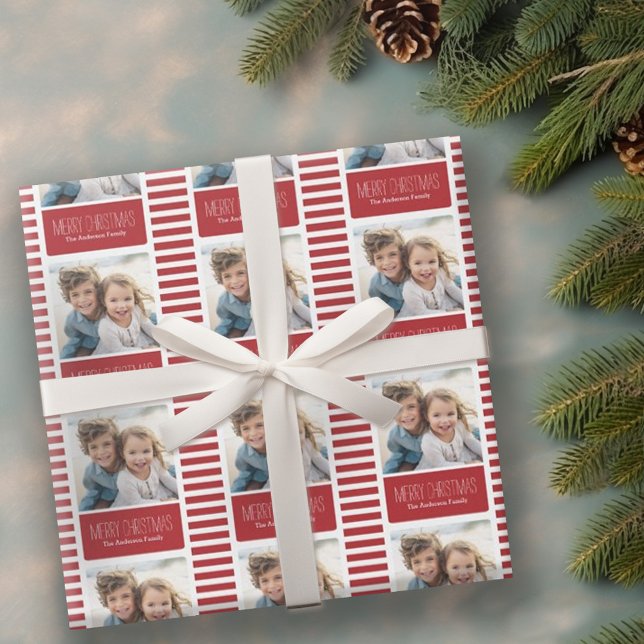 Modern Red God jul One Photo Presentpapper (Personalized wrapping paper with 1 photo)