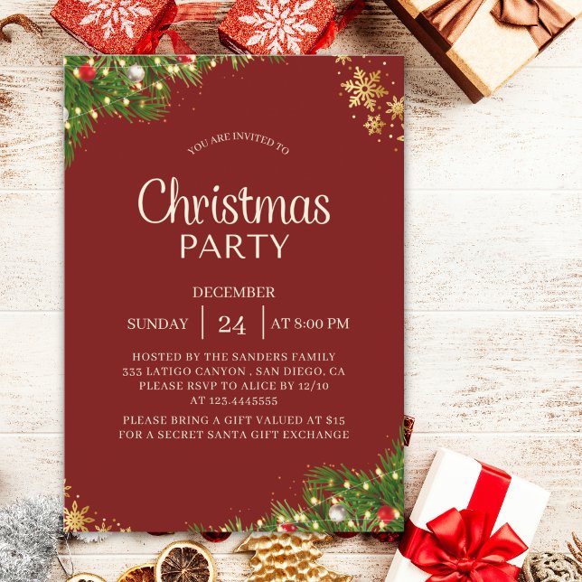 Modern Red & Gold Christmas Party Invite Inbjudningar (Skapare uppladdad)