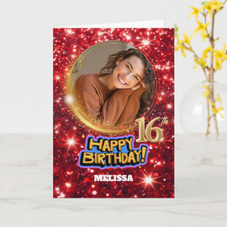 Modern Red & Gold Glitter Photo Name 16th Birthday Kort