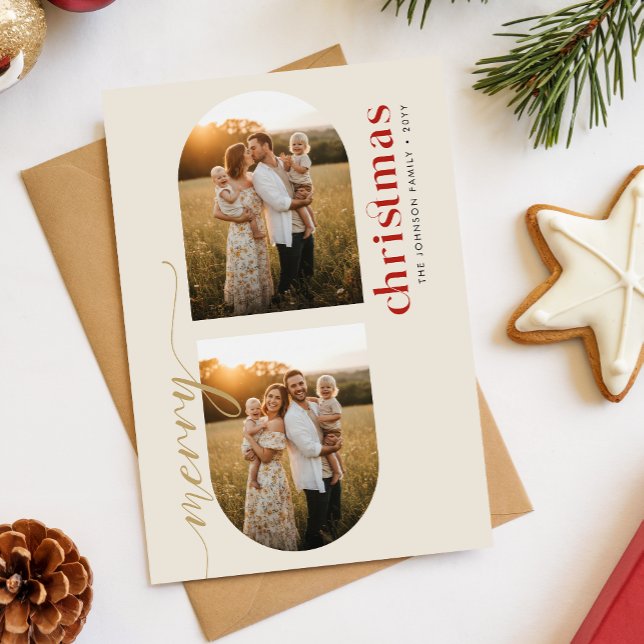 Modern Red & Gold Script Family Photo Christmas Helg Vykort (Skapare uppladdad)