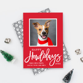 Modern Red Grått Lycklig Howlidays Puppy Hund Phot Julkort