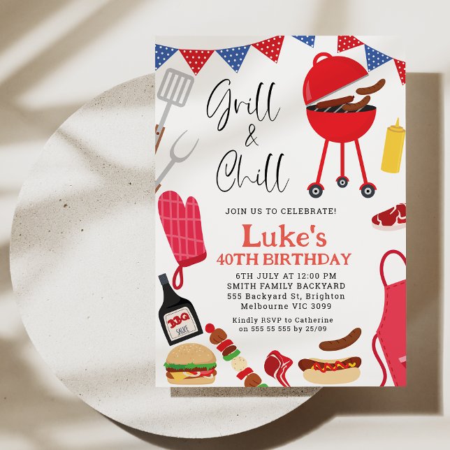 Modern Red Grill and Chill BBQ Birthday-inbjudan Inbjudningar (Chill and Grill BBQ Birthday Invitation Template, 4oth Birthday BBQ Backyard Birthday Invitation)