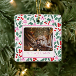 Modern Red & Grönt, Blommigt 2 foton Julgransprydnad Keramik