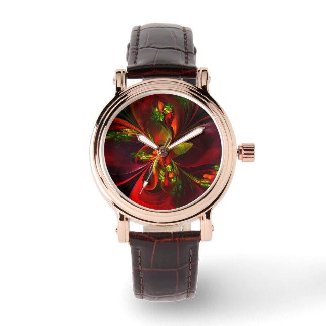 Modern Red Grönt Blommigt Abstrakt Art Mönster #05 Armbandsur (Framsida)