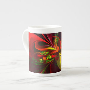 Modern Red Grönt Blommigt Abstrakt Art Mönster #05 Benporslin Mugg