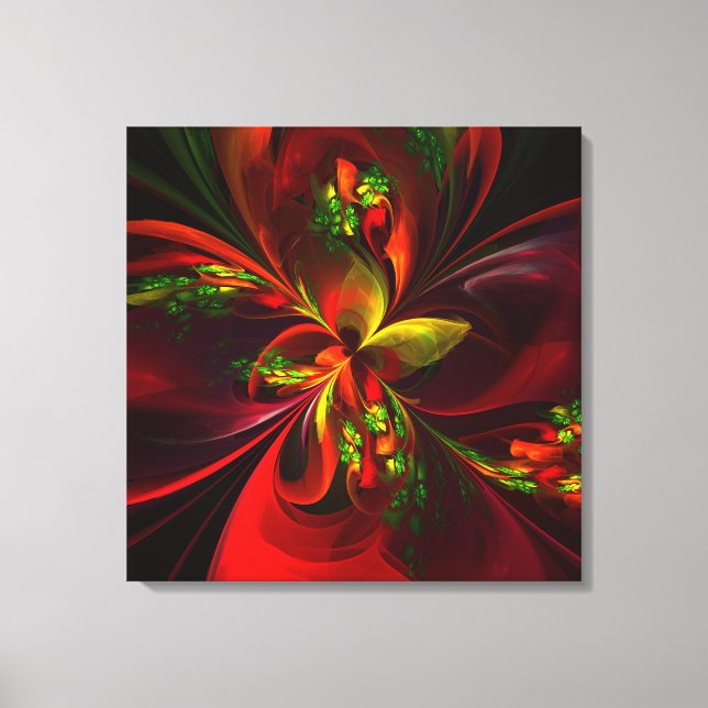 Modern Red Grönt Blommigt Abstrakt Art Mönster #05 Canvastryck (Framsida)