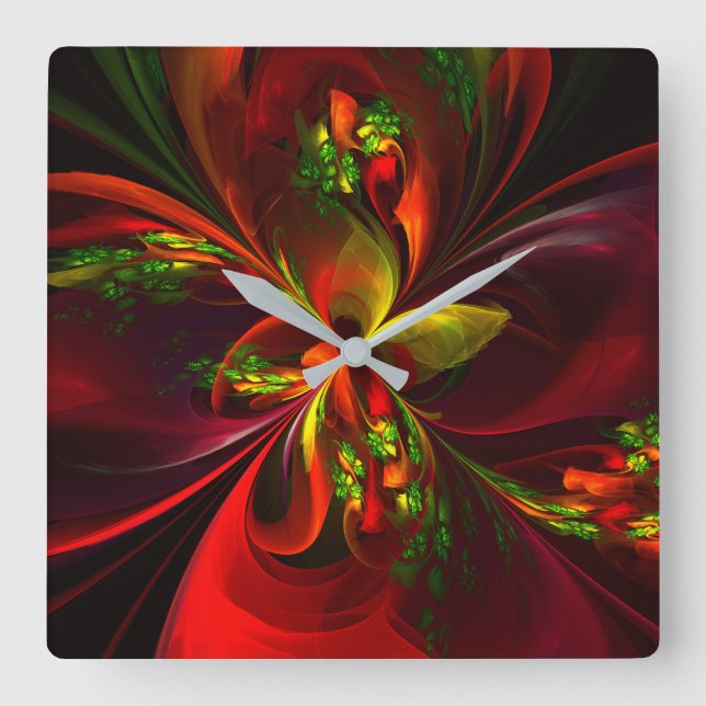 Modern Red Grönt Blommigt Abstrakt Art Mönster #05 Fyrkantig Klocka (Framsida)