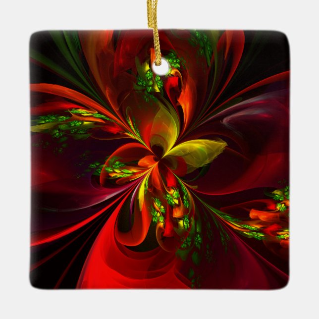 Modern Red Grönt Blommigt Abstrakt Art Mönster #05 Julgransprydnad Keramik (Framsida)